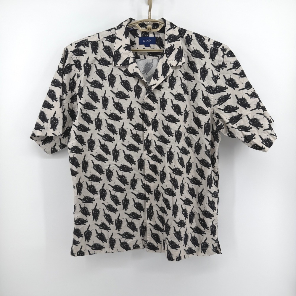 Eton Mens Large Black Cat Print Short Sleeve Cotton Camp Collar Shirt White
